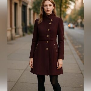 NWT GUESS Women's Textured Wool Blend Coat in Port